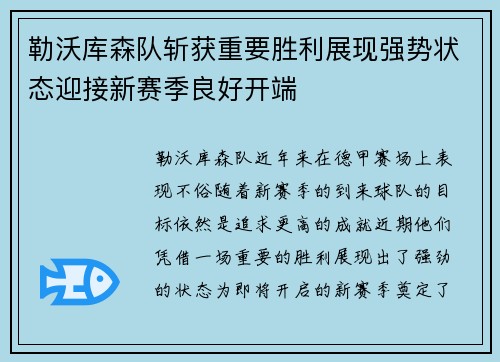 勒沃库森队斩获重要胜利展现强势状态迎接新赛季良好开端