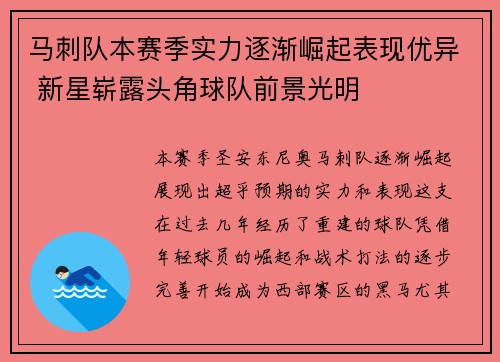 马刺队本赛季实力逐渐崛起表现优异 新星崭露头角球队前景光明